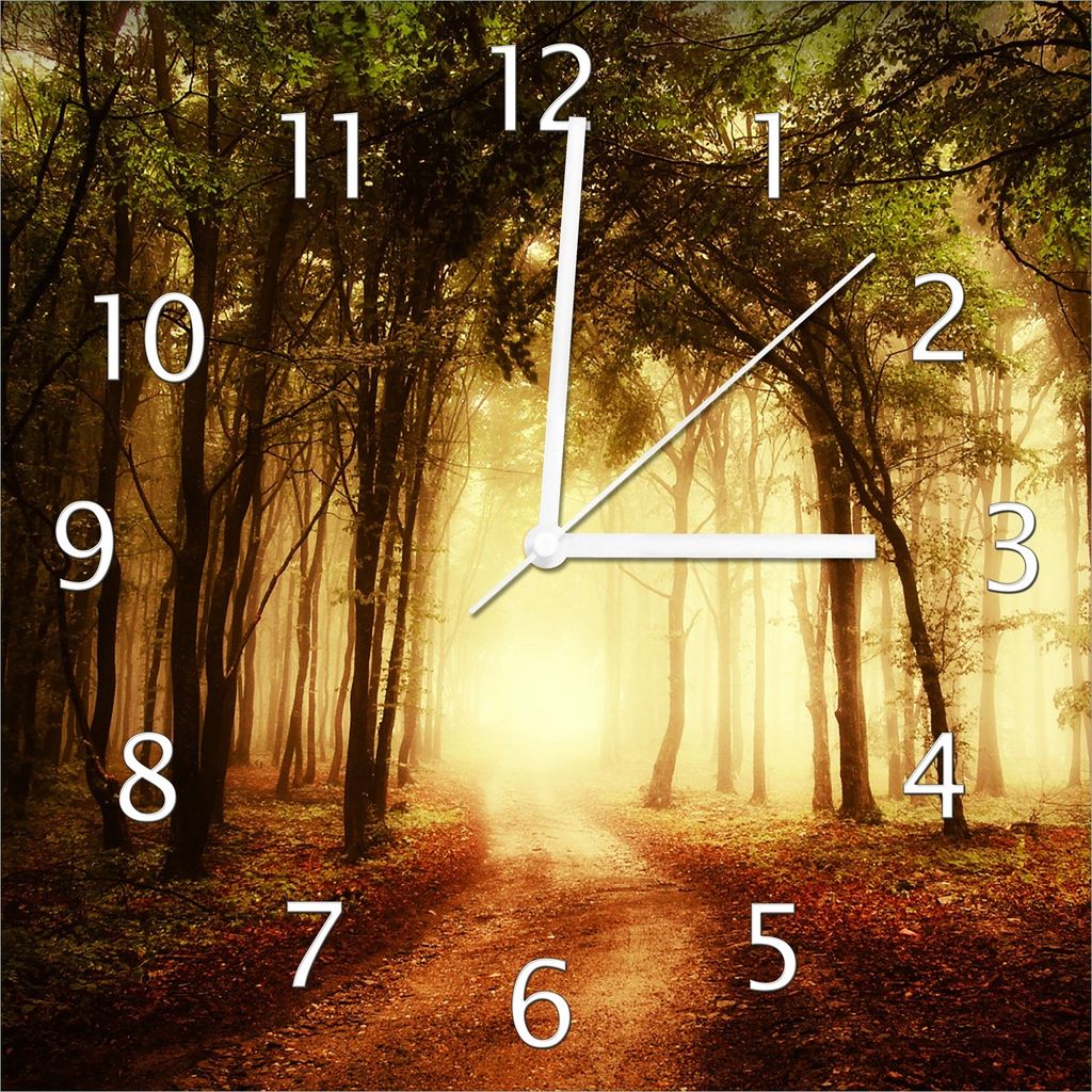Wallario Design Wanduhr Sonnenuntergang auf dem Waldweg aus Echtglas, Größe 30 x 30 cm