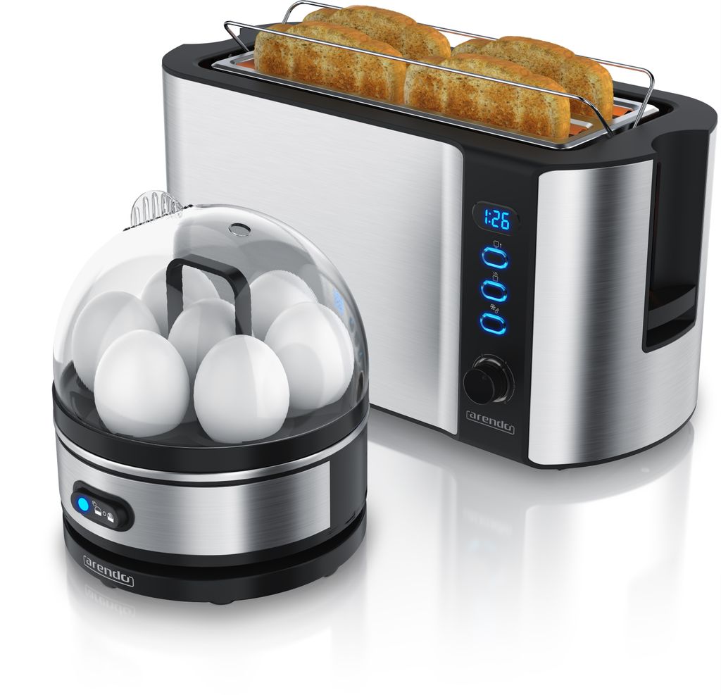 Arendo 2-teiliges Frühstücksset, 7er Eierkocher & Langschlitz Toaster für 4 Scheiben, Silber