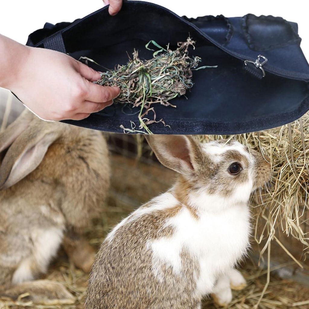 Heu-Futterbeutel für Meerschweinchen, Kaninchen und kleine Haustiere - Automatisches Füttern mit 4 Löchern, Hängendes Design, Schwarz