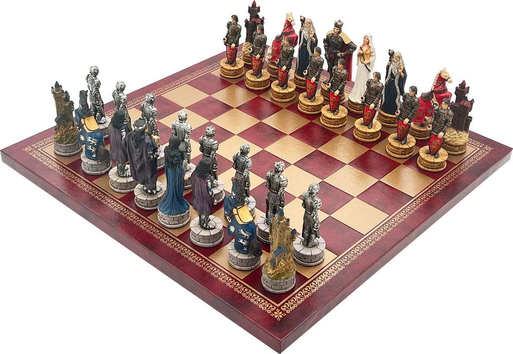 Italienische Schachfiguren König Arthur + Italienisches Schachbrett Aus Kunstleder Gold/Burgund 33