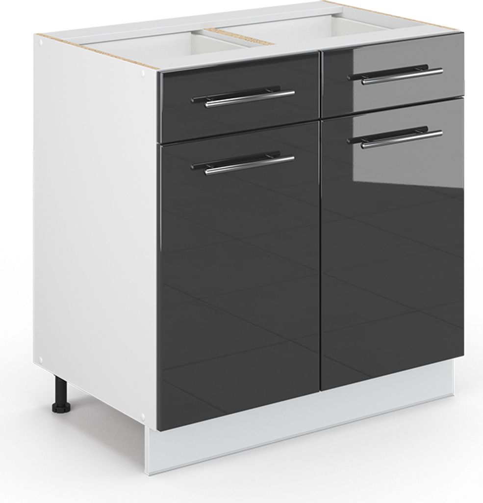 A 3D rendering of a kitchen base cabinet with two drawers and two doors.