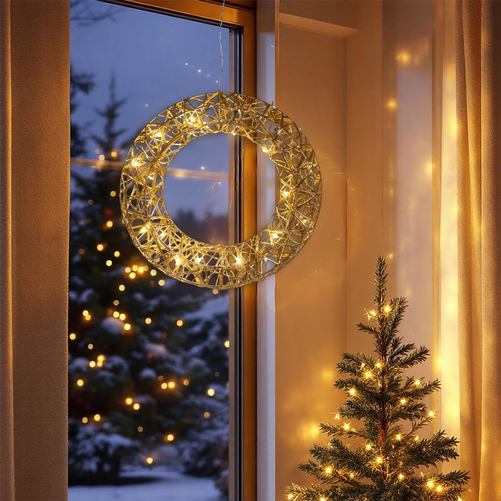 Leuchtring 30 cm mit Goldband umwickelt warm weiß mit Timer