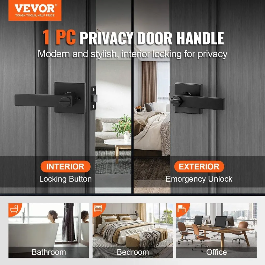 Poignée de porte intérieure noire avec verrou Privacy - Style Carré Moderne