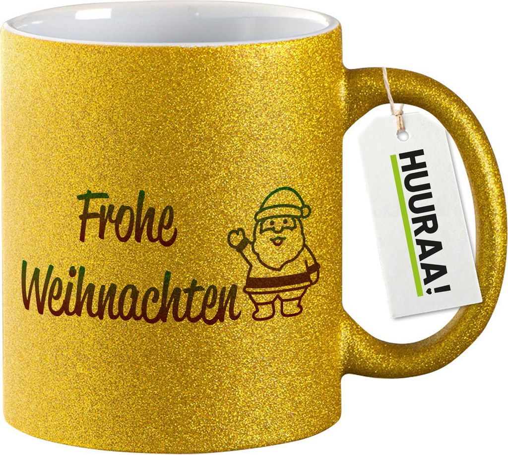 Huuraa Glitzertasse Frohe Weihnachten Weihnachtsmann 330ml Gold Keramik Kaffeebecher Geschenkidee