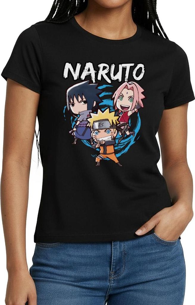 Spreadshirt Naruto Shippuden Chibi Naruto, Sakura & Sasuke Frauen T-Shirt, XXL, Schwarz