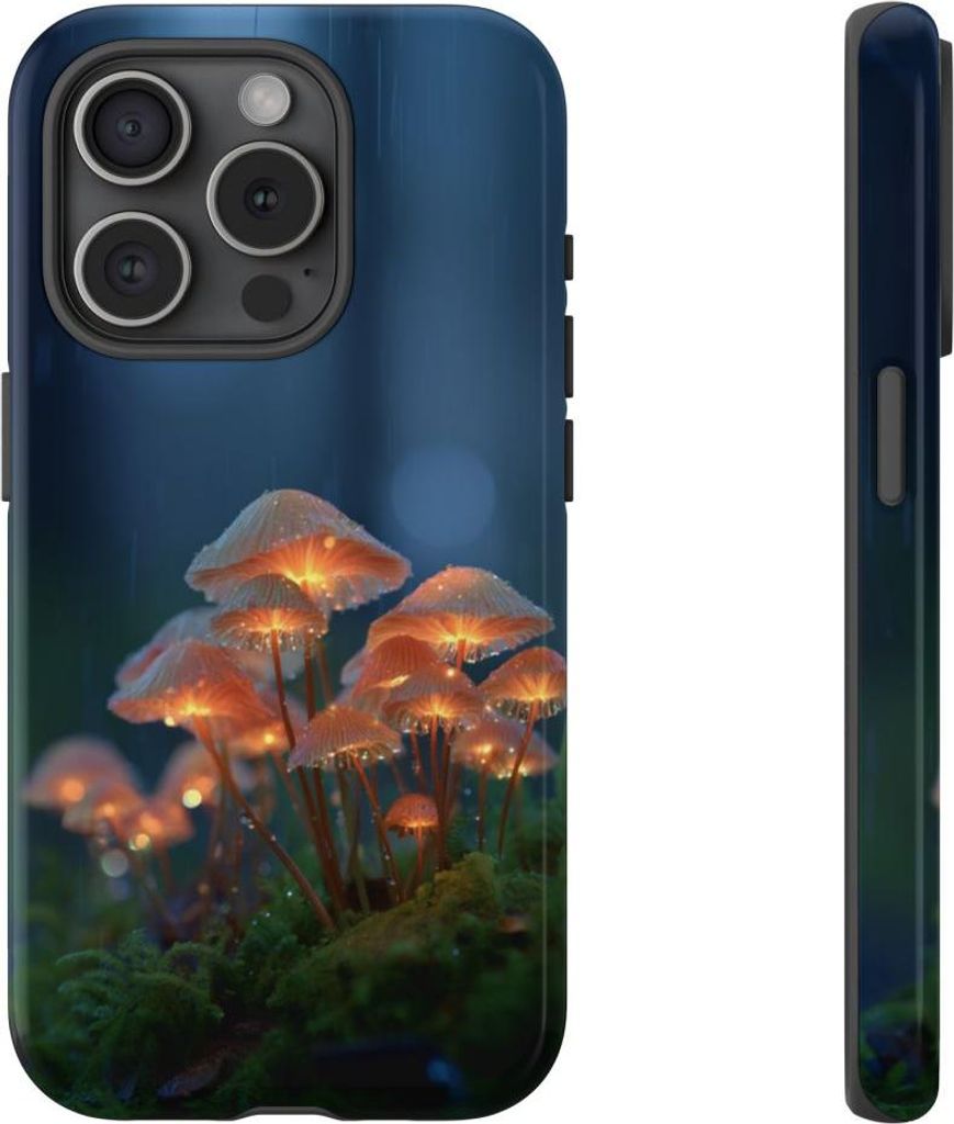 Leuchtende Pilze im regnerischen Wald – Hülle Kompatibel mit iPhone 15 Pro