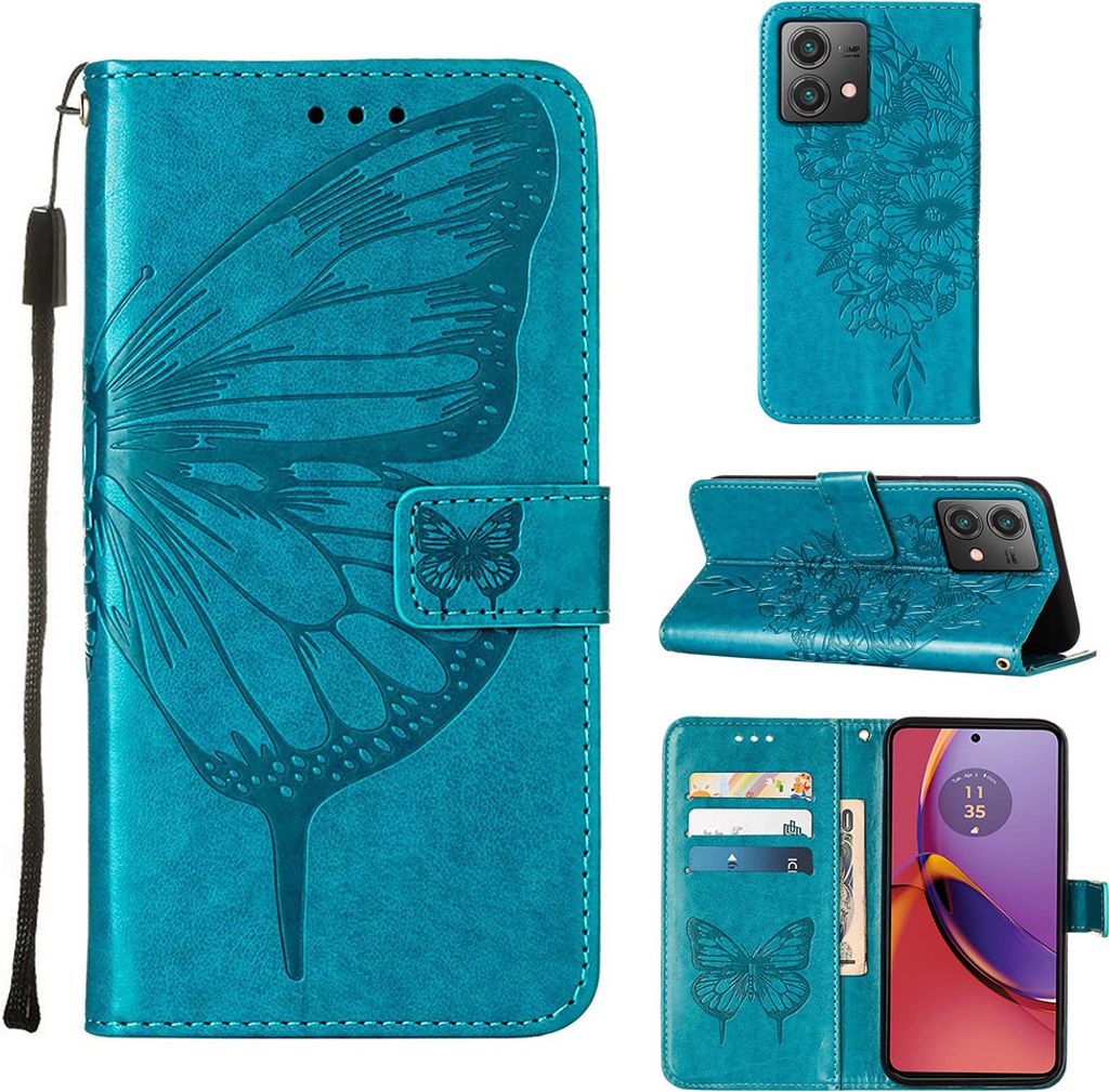 Lederhülle für Motorola Moto G84 Schmetterling Prägung Flip Ledertasche Kartenfächer Handyhülle mit Ständer Blau