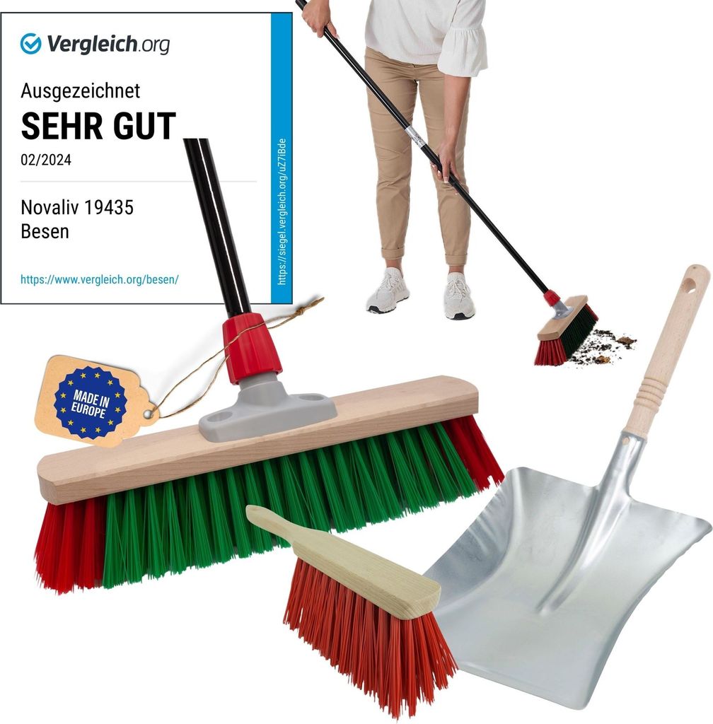 Novaliv Gartenbesen mit Stiel 40 cm Elaston Borsten inkl. Kehrgarnitur schwarz bestehend aus Kehrblech und Handfeger Ideal als Straßenbesen Terass...