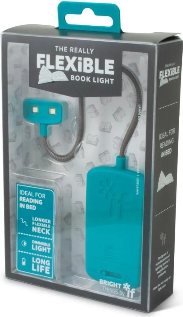 Liseuse flexible turquoise avec éclairage LED doux et pile de rechange
