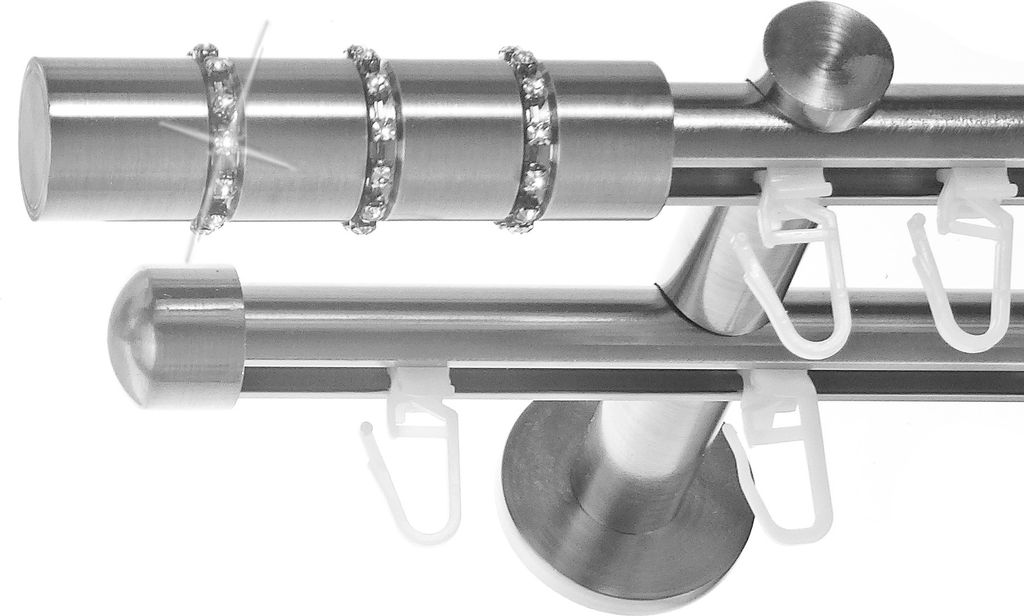 Innenlauf Gardinenstange Edelstahl look, Durchmesser 16mm, Wandträger H80, 2-läufig, Länge 360, Endkappe E25