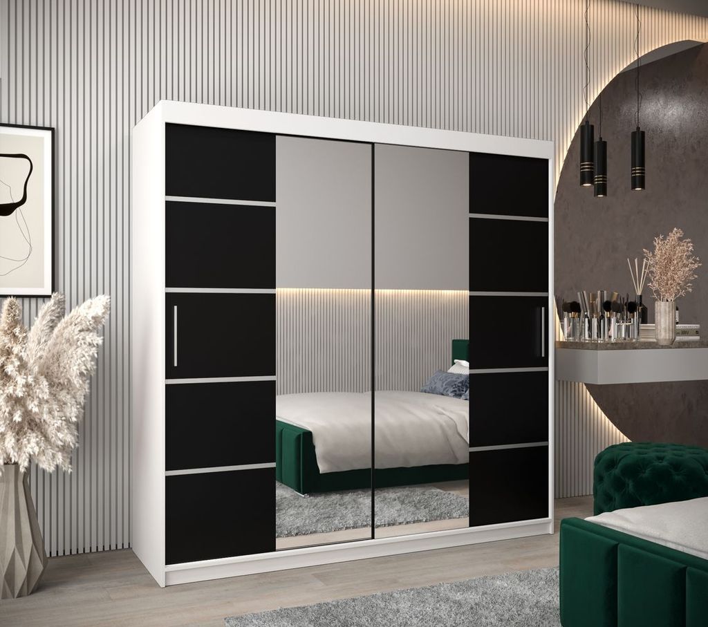 Schrank mit Spiegeln VIVIEN – Breite 200 cm, Weiß/Schwarz