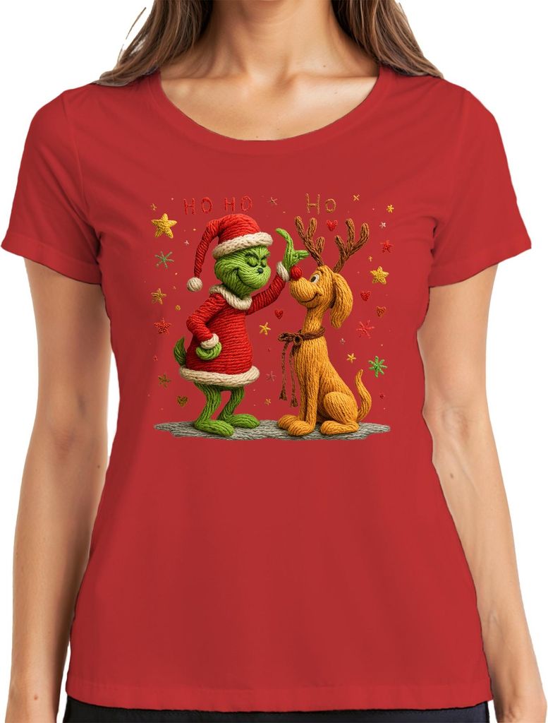 Grinch gestrickt Wolle Rentier Weihnachten lustig Retro Geschenk Damen T-Shirt, Rot, XL
