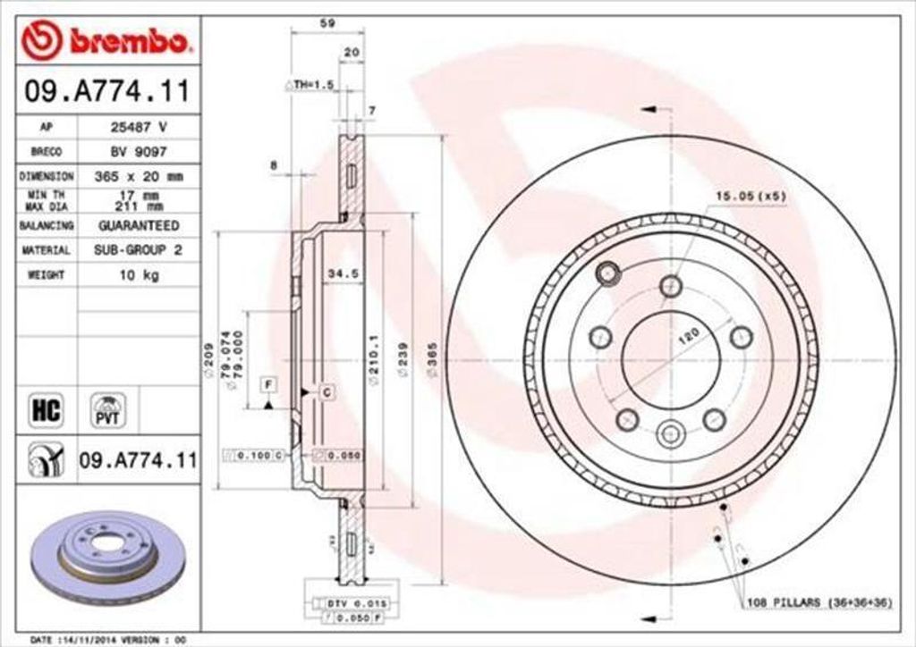 2x BREMBO Bremsscheibe 09.A774.11 für LAND ROVER Range Produktbild 