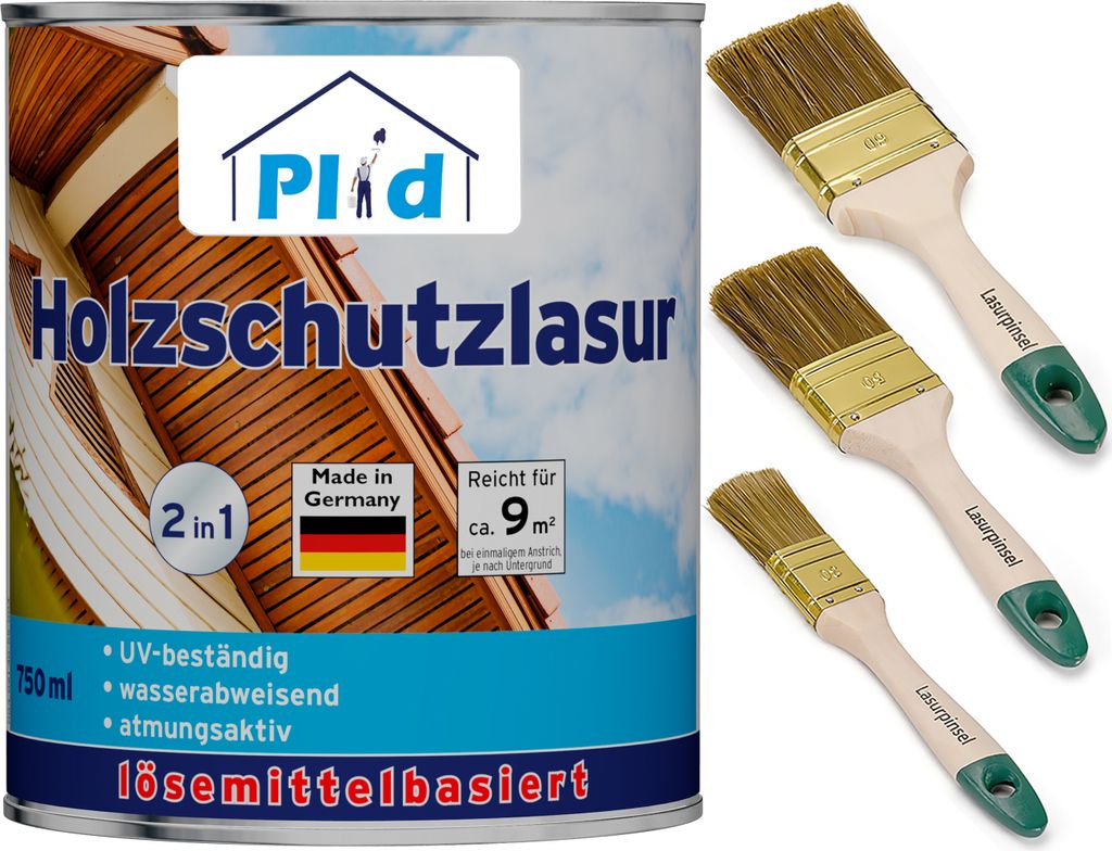 Plid Holzlasur 0,75l Teak für ca. 9m² + Lasurpinselset 3-tlg. / Holzschutzlasur