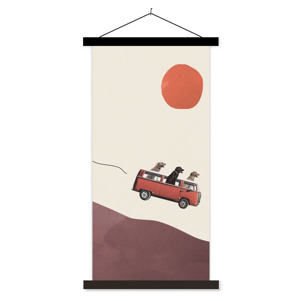 MuchoWow Textilposter Hund - Retro - Bus 40x80 cm mit schwarzem Rahmen - Wandemalerei