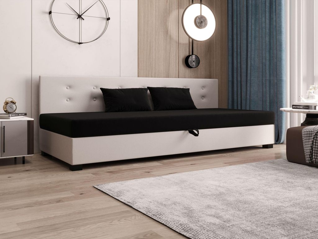 AURA SOFA Boxspringbett OLAF BIZ 120x195 Komplett-Set mit Bonell Matratze, Polsterbett mit Bettkästen - Hellbeige/Schwarz, SAWANA 01/14