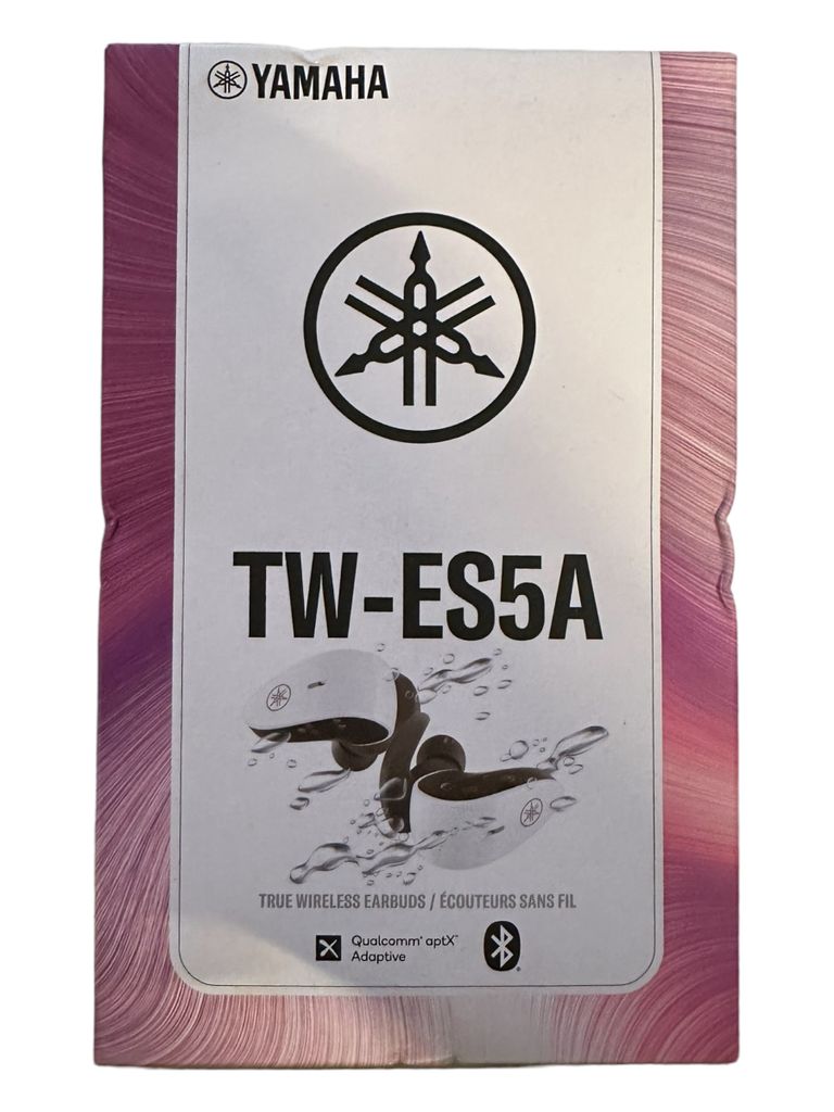 The image shows the front of the product packaging for Yamaha TW-ES5A True Wireless Earbuds.