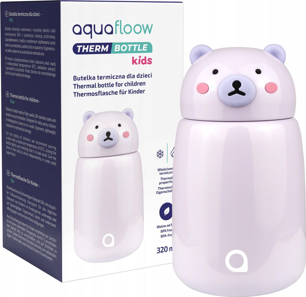 AquaFloow Kinder Trinkflasche Thermos 320ml Teddybär – Edelstahl Isolierflasche Hot & Cold BPA-frei
