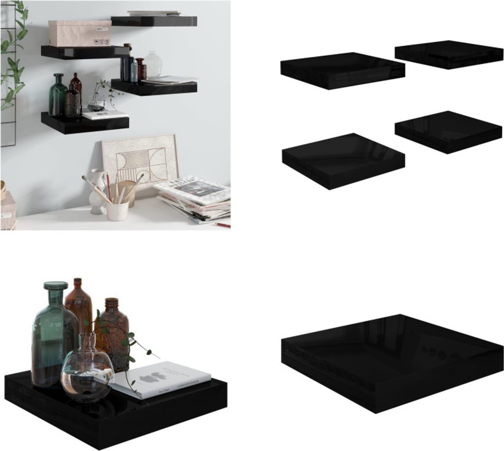 vidaXL Schweberegale 4 Stk. Hochglanz Schwarz 23x23,5x3,8 cm MDF - Wandregal - Wandregale - Schwebendes Wandregal - Wandregal Schwebend