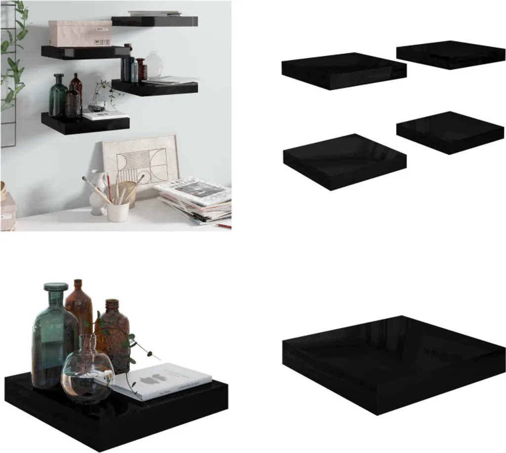 Mensole a Muro Sospese 4 pz vidaXL Nero Lucido 23x23 cm Arredo Casa