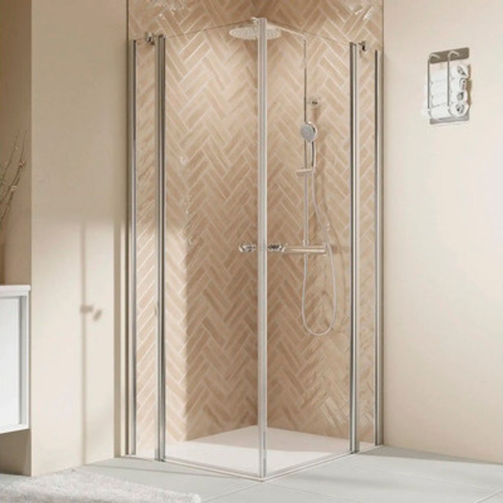 Eckeinstieg mit Drehtür mit Festteil BREUER Elana 2.0 100 x 100 x 200 cm Profil rund silber Klarglas Reversibel