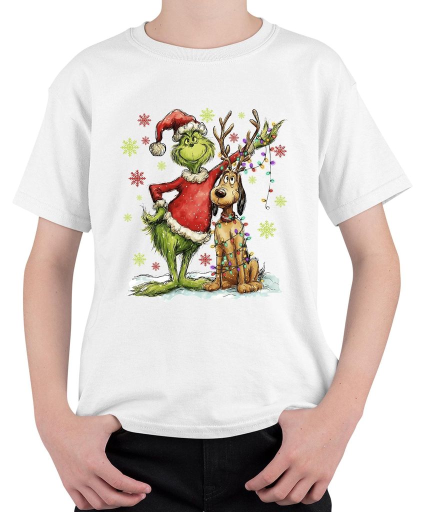 Grinch Weihnachten Rentier Lichterkette Schneeflocken Geschenk Uni Kinder T-Shirt, Weiß, 128
