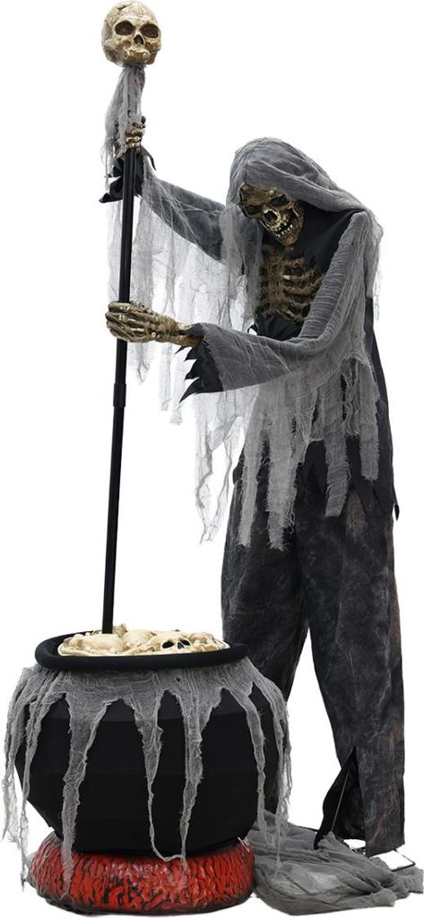 Skelett Warlock mit Kessel – Halloween Animatronic 182cm mit Bewegung, Licht & Sound – Große Hexer Dekofigur für die Geisterbahn