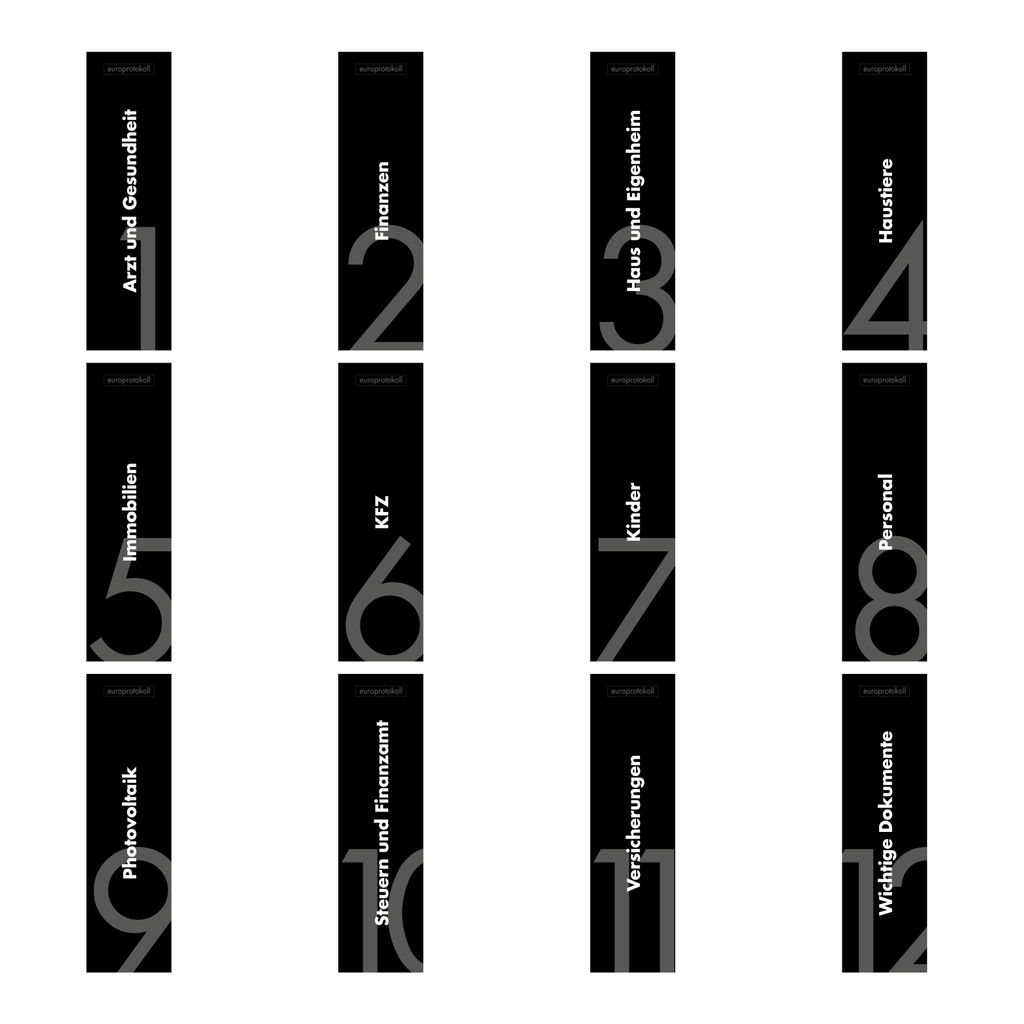 europrotokoll 12er Komplett-Set Rückenschilder für DIN A4 Ordner, beschriftete Einsteckschilder im Format 53 x 186 mm, passend für 8 cm Ordner