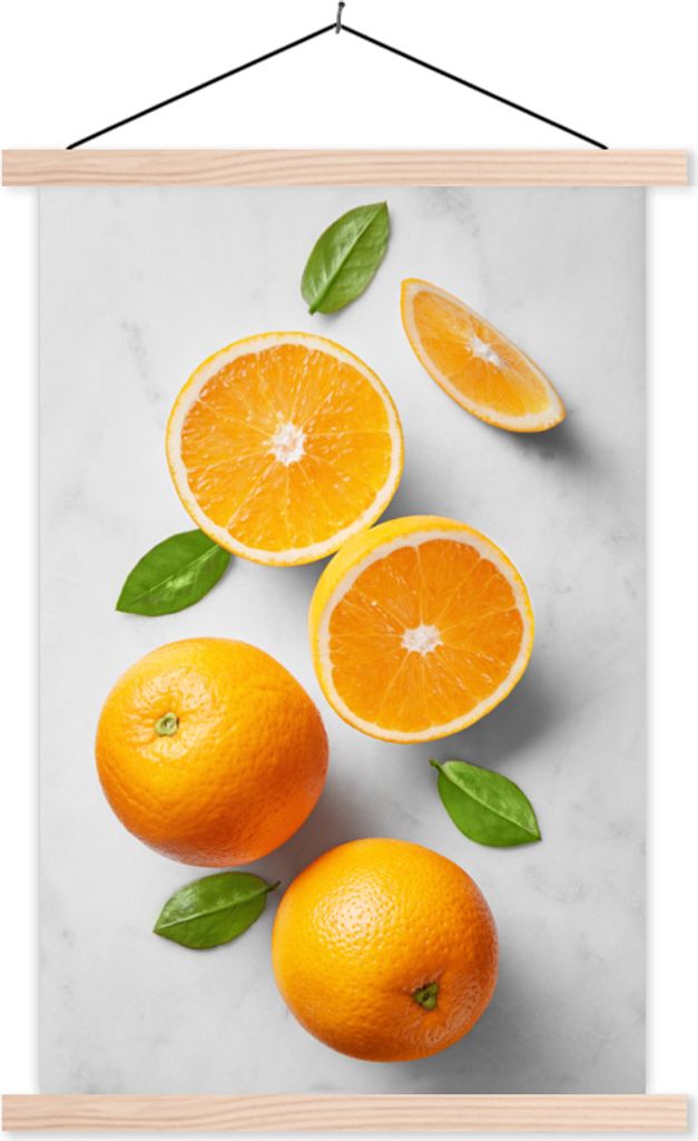 MuchoWow Textilposter Orange - Obst - Marmor 60x90 cm mit holzfarbenen Rahmen - Textil