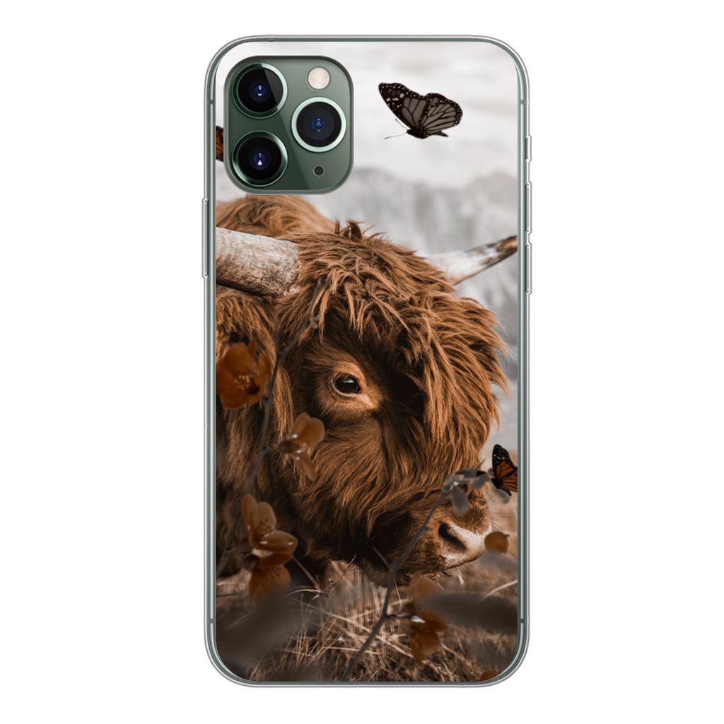 MuchoWow Handyhülle Schutzhülle Hülle für iPhone 11 Pro Scottish Highlander - Schmetterlinge - Pflanzen Silikon Softcase Handy Hülle - Handy