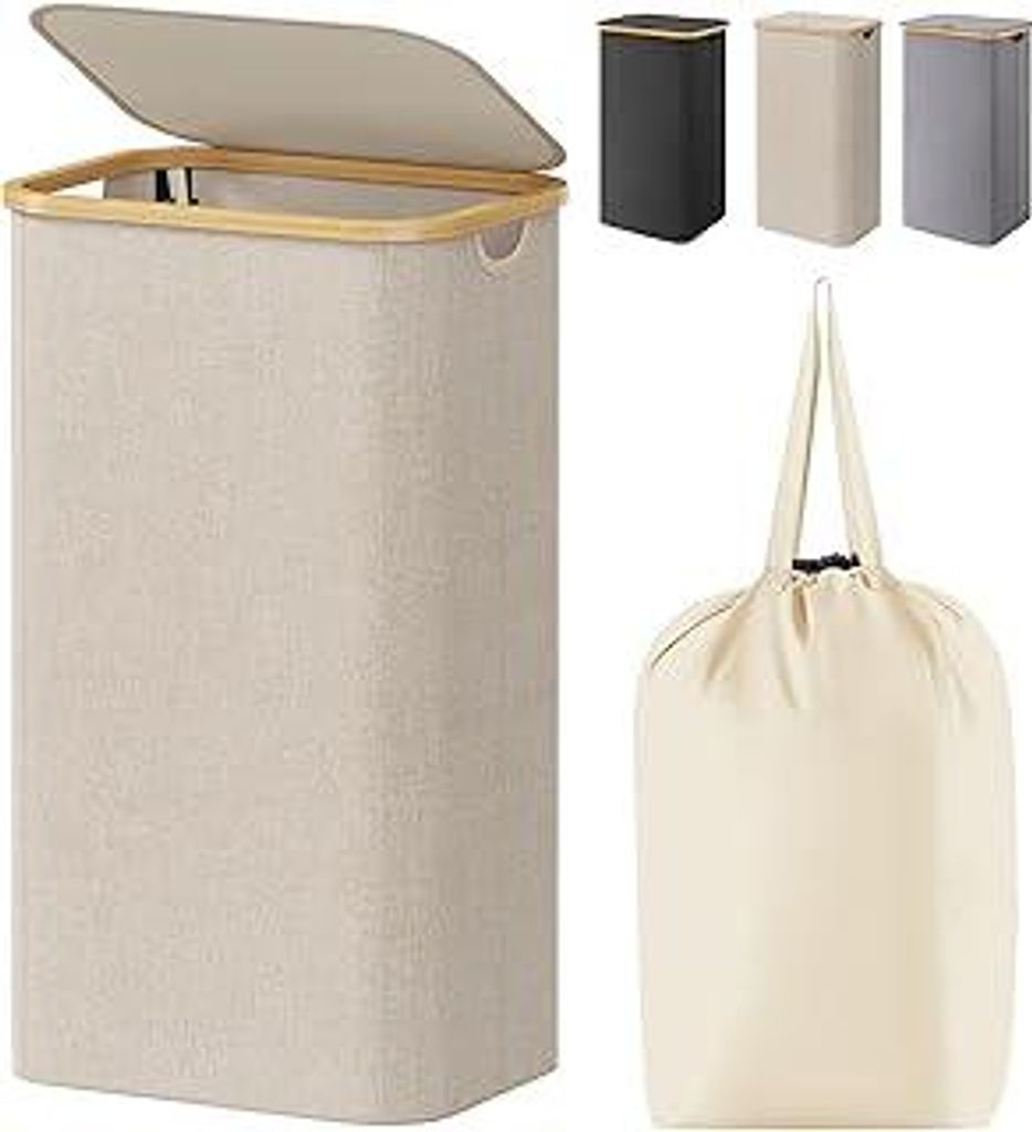 Lifewit 100L Wäschekorb mit Deckel, Wäschekörbe für Wäsche mit Bambus Griffe und Eine Abnehmbare Wäschesack, Große Faltbare Wäschekorb für...