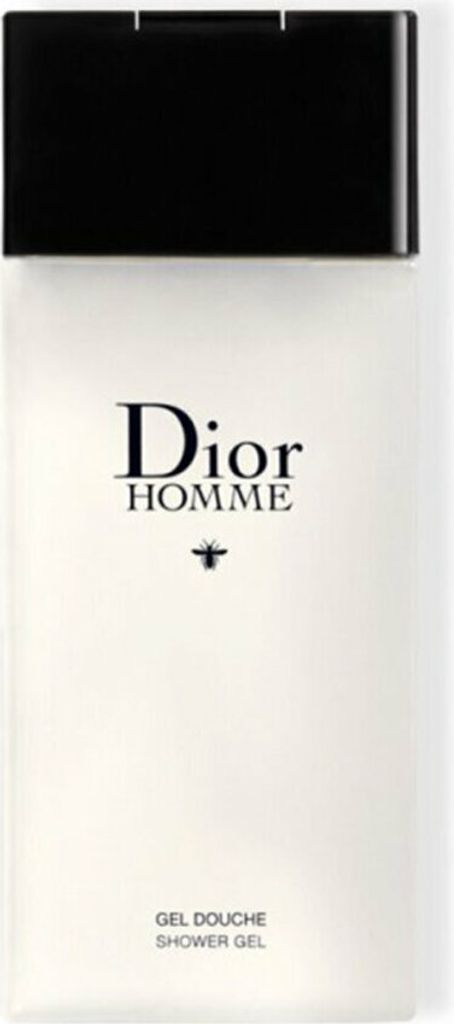 A white bottle of Dior Homme shower gel with a black cap.