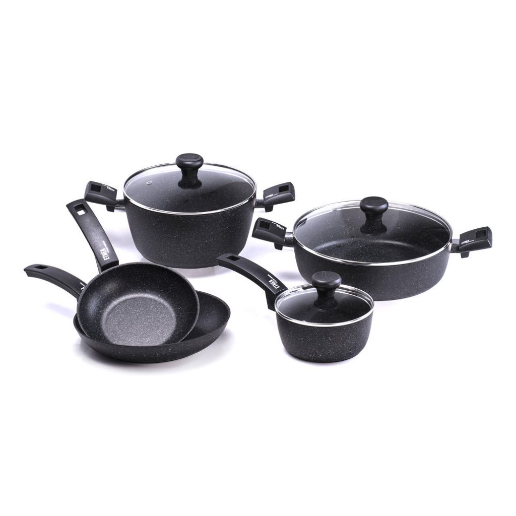 Moneta Etnea Kochset, 8-tlg., Pfanne, Topf, Servierpfanne, Kochtopf, Stieltopf, Deckel, Aluminium / Glas, 0018656508