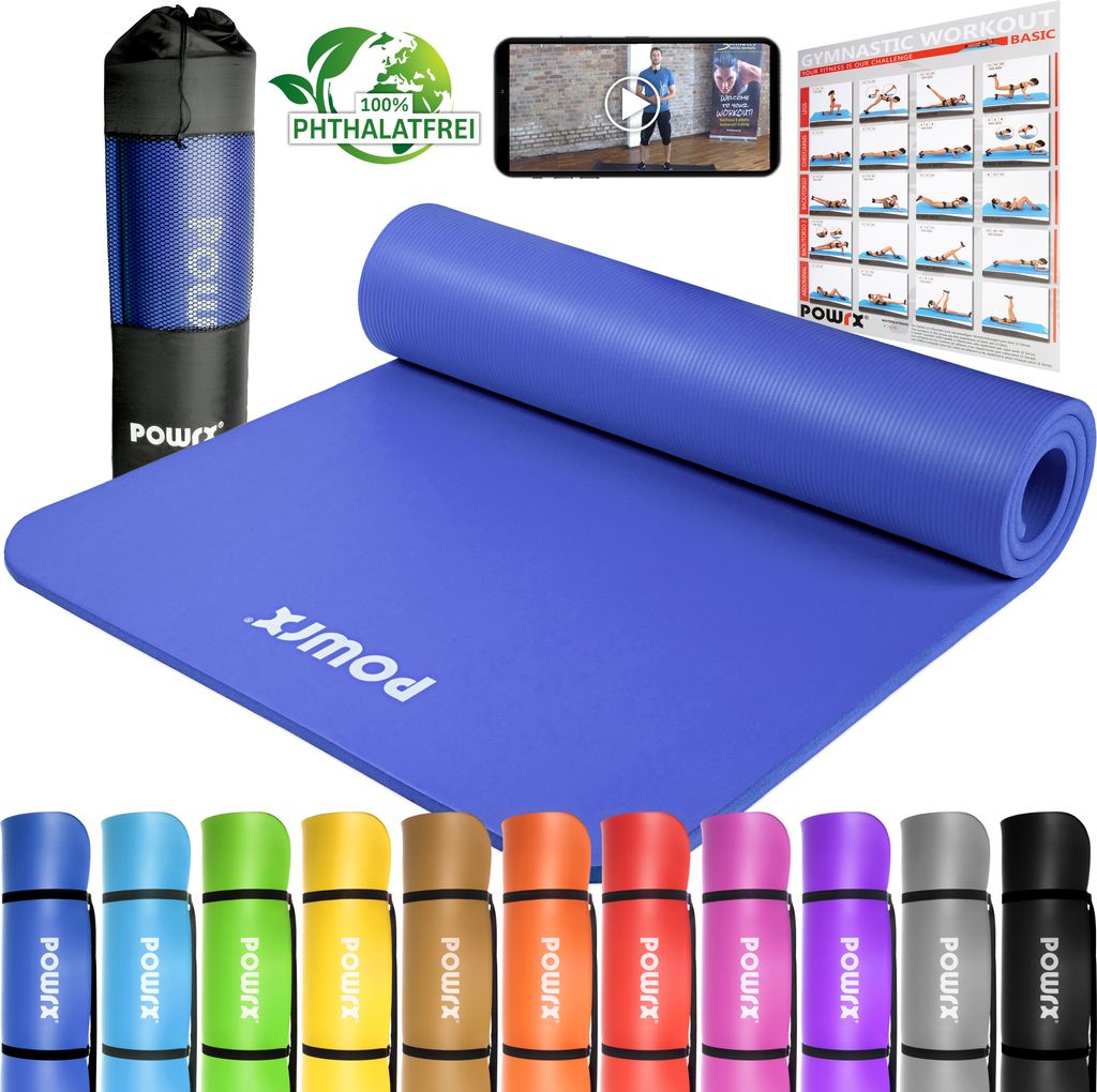 POWRX Yogamatte Gymnastikmatte Fitnessmatte Trainingsmatte Yoga inkl. Trageband Farbe: Königsblau, Breite: 100 cm