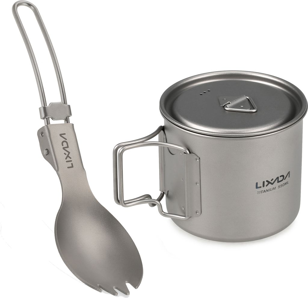 Lixada Kochgeschirr Set 300ml / 350ml / 550ml / 650ml Ultraleichter Titanbecher mit zusammenklappbarem Dinner Spork Geschirr für Camping Wanderruc...
