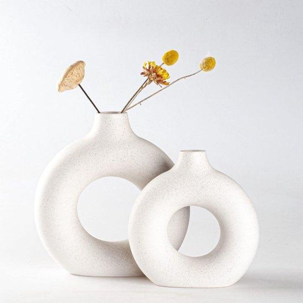 Keramische moderne woonaccessoires set van 2, supergroot en groot, witte matte ronde vazenset voor pampasgras, neutrale boho Scandinavische minimal...