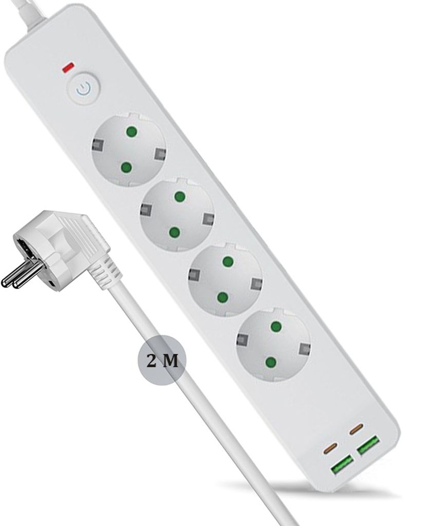 ZELURXX 4 Fach Steckdosenadapter Mehrfachstecker mit Schalter, 2USB & 2USB-C, Steckdosenleiste, 2M, Kindersicherung, für Smartphone, Laptop, Weiß