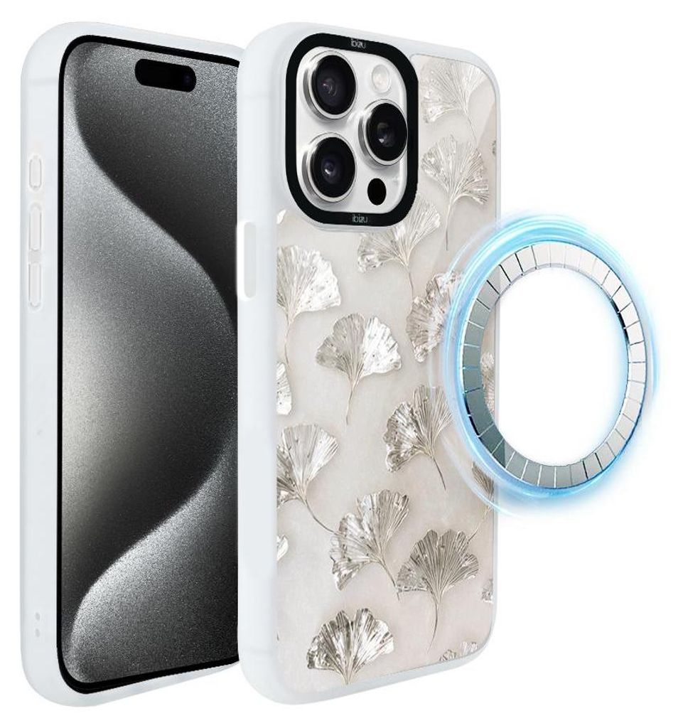 Schutzhülle für das iPhone 15 Pro Max, MagSafe-kompatibel, mattweiße Seiten, weißer Marmor, silberne Blätter