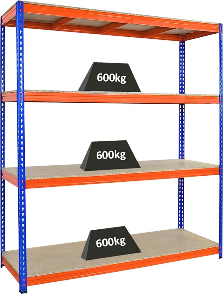 Profi Schwerlastregal BISON | HxBxT 200x180x60cm | 4 Spanplatten-Ebenen 15mm | Fachlast 600kg | Blau-Orange