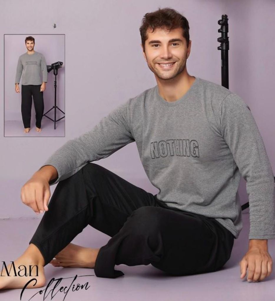 Herren Pyjama Schlafanzug Grau XXL Baumwolle Lang Warm C-41