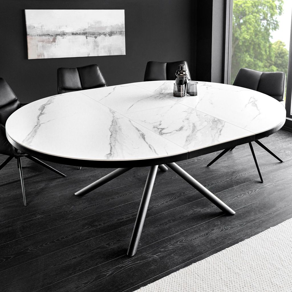 riess-ambiente Esstisch MIKADO 120–160cm weiß ausziehbar – Keramik, oval, schwarz Sterngestell