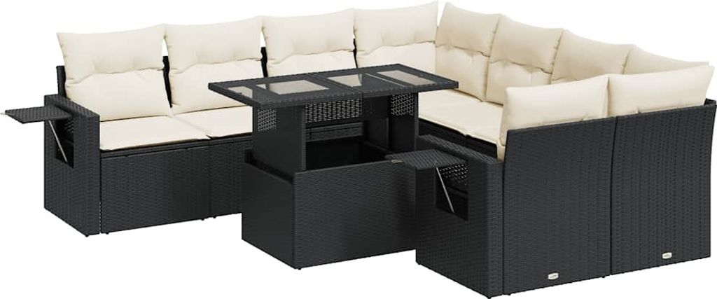 vidaXL 9-tlg. Garten-Sofagarnitur mit Kissen Schwarz Poly Rattan
