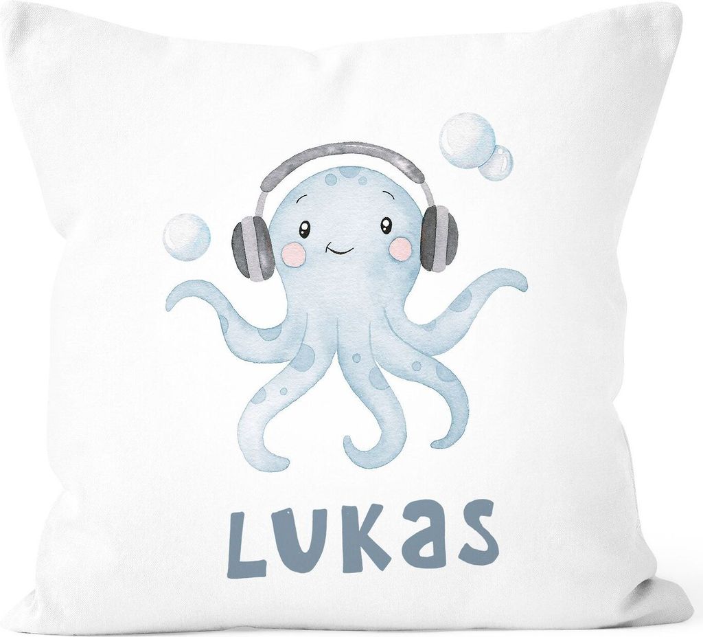 Kissen-Bezug Kinder mit Namen Octopus Unterwasser Tiermotiv Namenskissen Kinder Baby SpecialMe weiß 40cm x 40cm