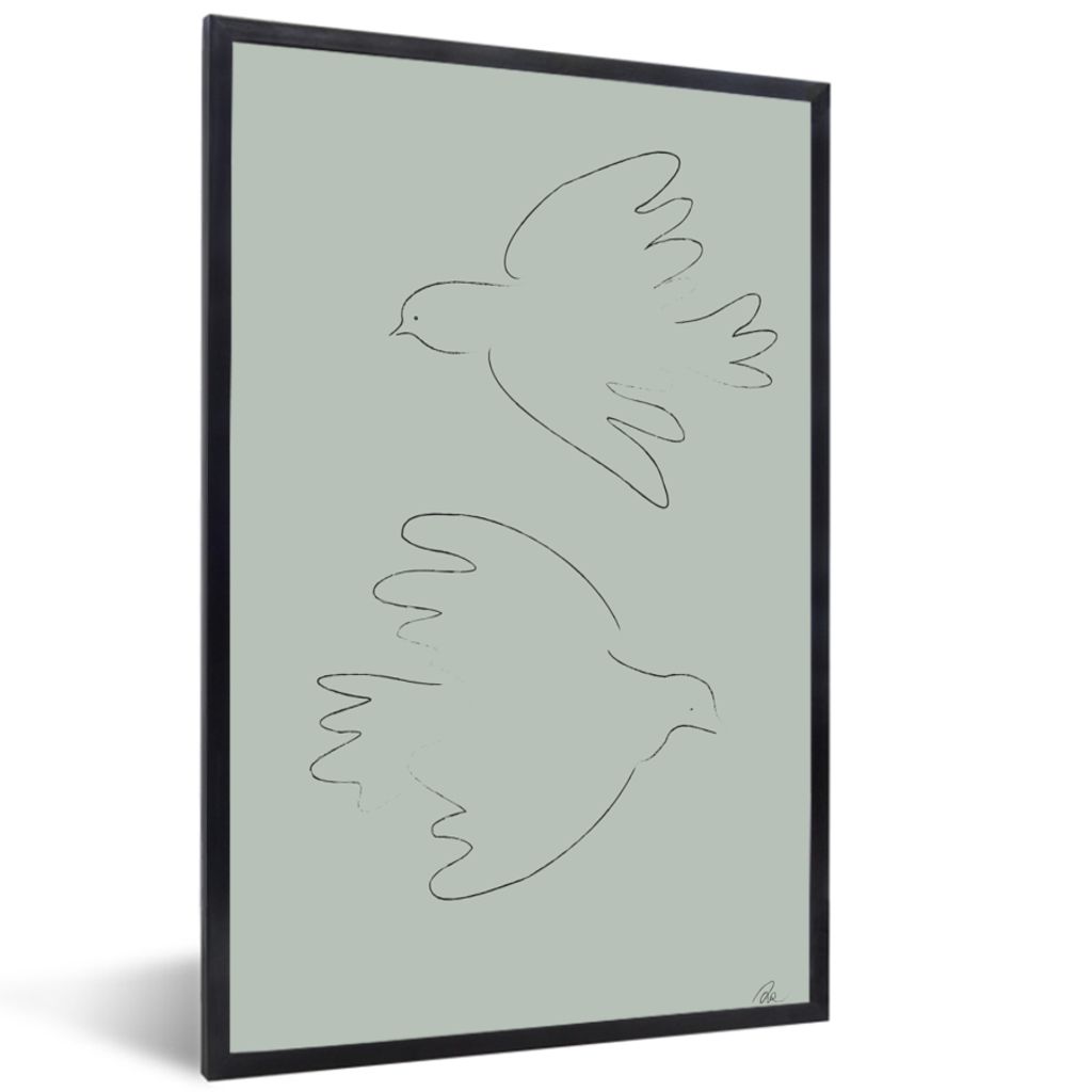 MuchoWow Gerahmtes Poster Tauben - Vögel - Grün - Tiere - Strichzeichnung 20x30 cm - Poster mit Schwarzem Bilderrahmen Wandposter Rahmen Foto B...