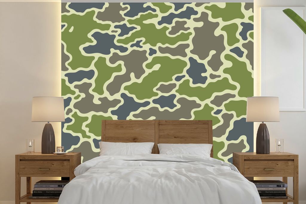 MuchoWow Fototapete für Wohnzimmer oder Schlafzimmer Wandtapete Vinyl Motivtapete Grünes Camouflage-Muster - 280x280 cm - Hintergrundbild