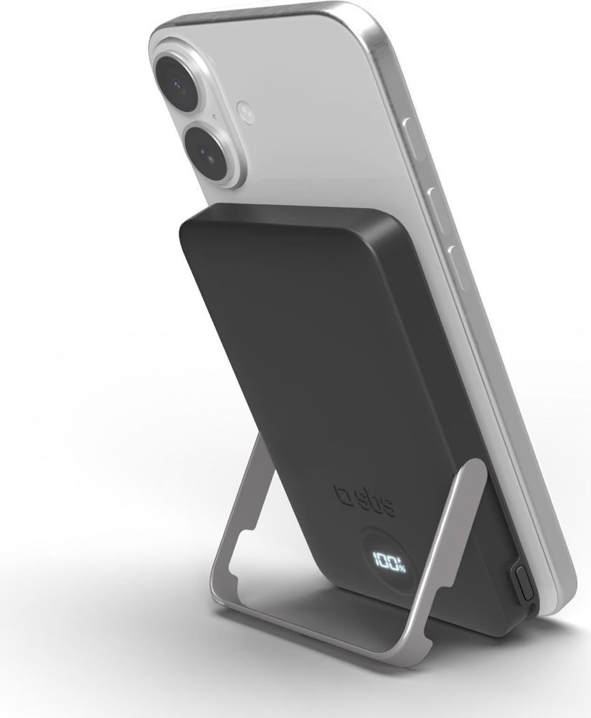 SBS Powerbank mit 5.000 mAh, kabelloses Laden und integriertem Standfuß, Schwarz