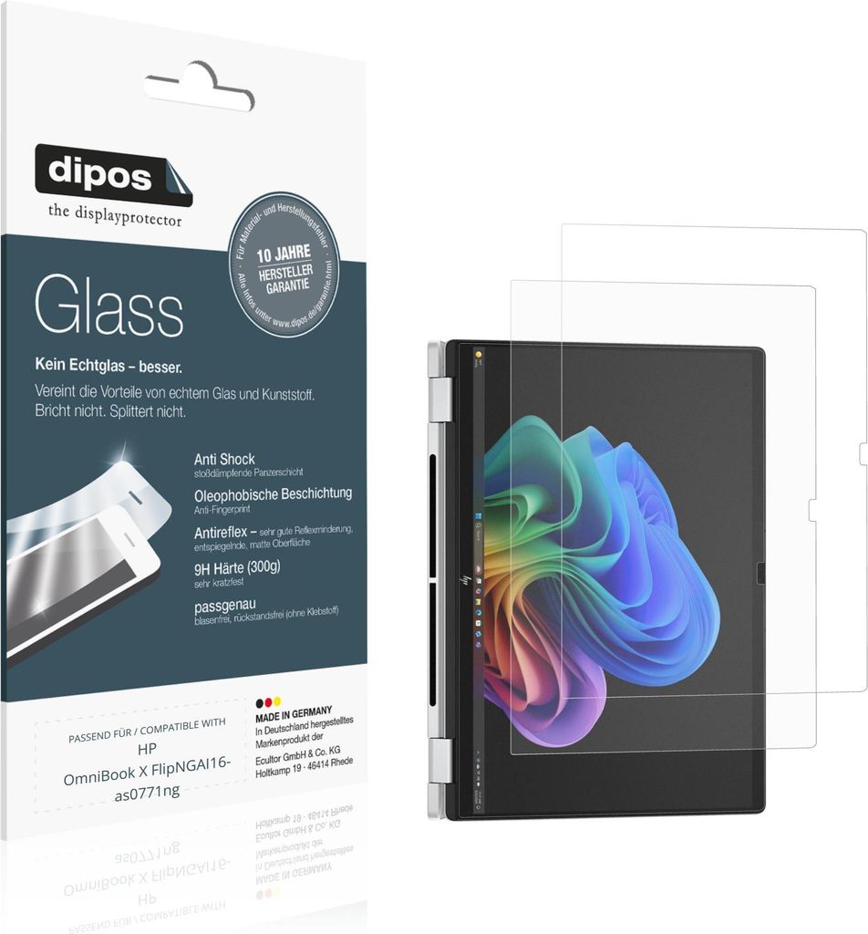 2x Schutzfolie für HP OmniBook X FlipNGAI16-as0771ng matt - Anti-Shock 9H Folie dipos Glass Kunststoffglas