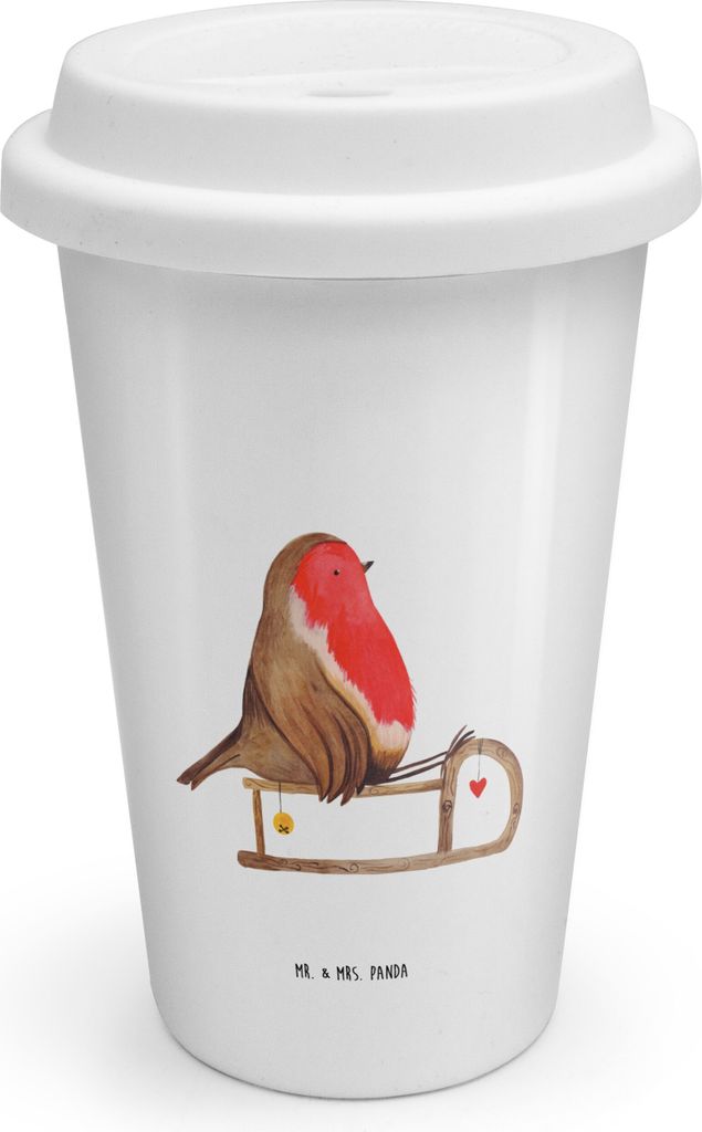 Mr. & Mrs. Panda ToGo Kaffeebecher Rotkehlchen Schlitten - Weiß - Geschenk, To Go, thermobecher keramik, Mehrwegbecher, Weihnachten, Vogel, Coffee...