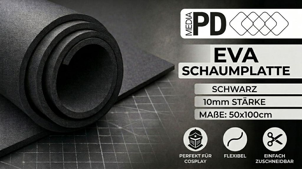 PD Media EVA Schaumstoff Schwarz 10mm – 50x100 cm, 5 Stück (Set), High Density Moosgummi für Cosplay & Basteln