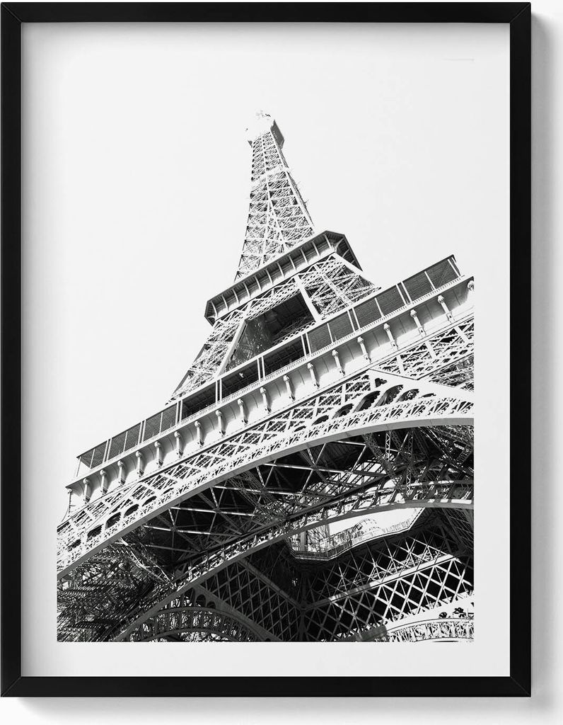 Schwarz-weißer Eiffelturm in Paris– Wandbild mit Rahmen – Gerahmtes Bild – Wanddekoration – 60x80 cm – Schwarz Rahmen